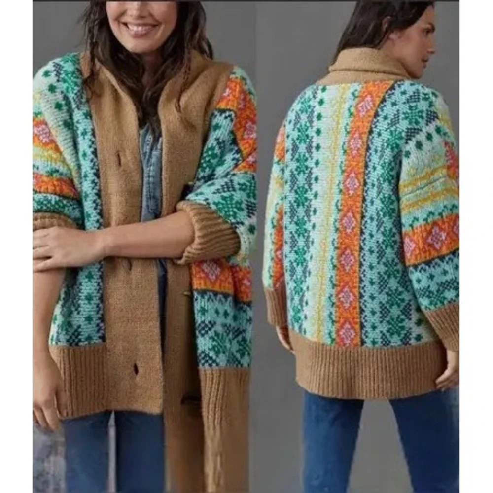 Anthropologie Fair Isle Shawl Collar Toggle Cardigan Sweater Multi Color M/L - Picture 1 of 9